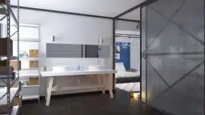prix cloison, séparation pièce, usage cloison coulissante, rendu 3D d'un intérieur avec une cloison coulissante