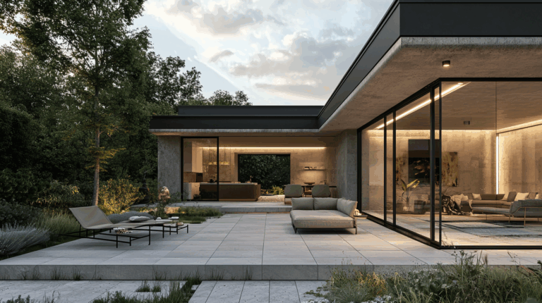 une belle maison moderne, avec une terrasse en carreaux