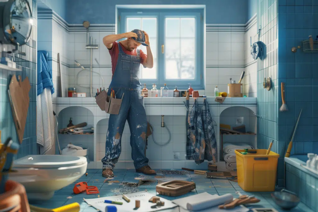 Une salle de bain en pleine rénovation avec un artisan perplexe face à des erreurs d’installation, notamment des carreaux mal posés et une fuite d’eau.