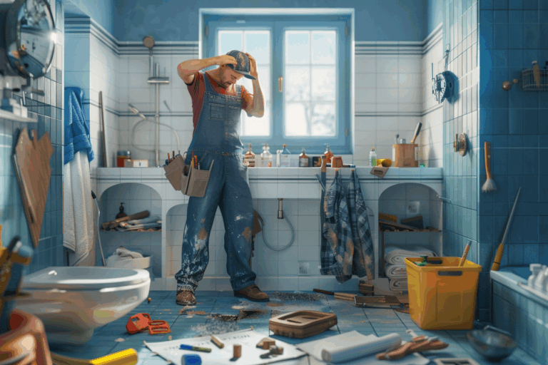 Une salle de bain en pleine rénovation avec un artisan perplexe face à des erreurs d’installation, notamment des carreaux mal posés et une fuite d’eau.