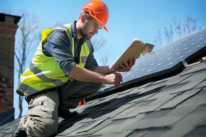 Un couvreur inspecte une toiture avant l’installation de panneaux solaires, mettant en avant la nécessité d’une rénovation.