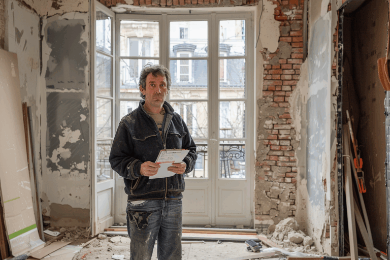 Homme calculant les coûts d’une rénovation dans un appartement haussmannien à Paris, avec vue sur les toits.