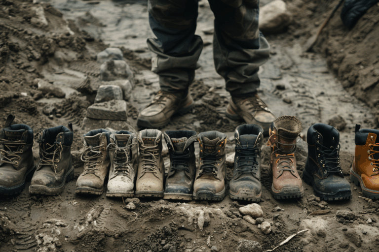 Différents types de chaussures de sécurité alignées sur un chantier, avec un homme en train de faire son choix.