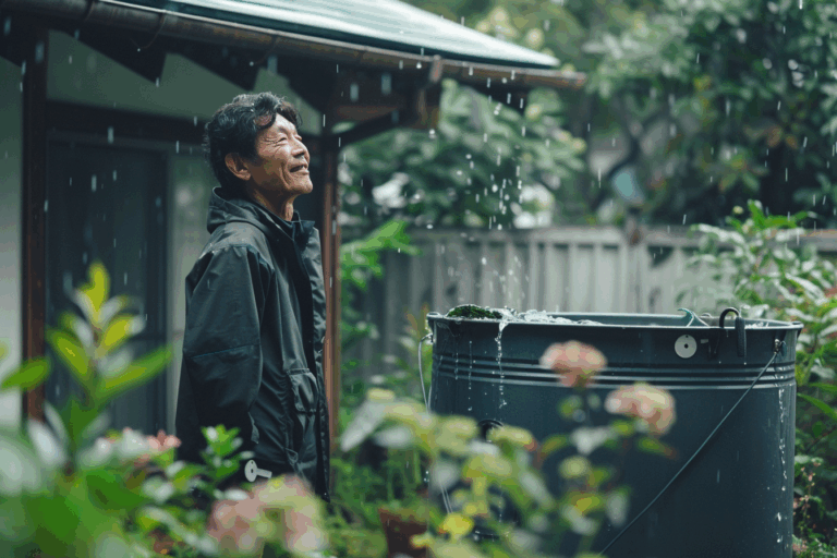 Un homme heureux sous la pluie regardant une cuve de récupération d'eau de pluie dans son jardin.