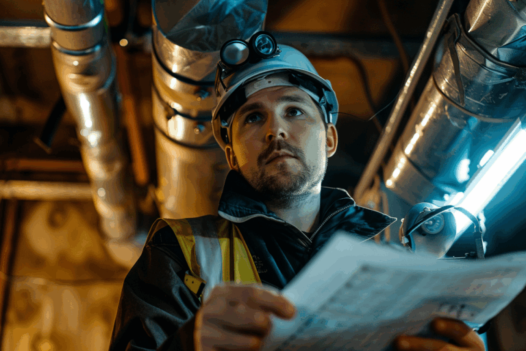 Spécialiste consultant un manuel lors de l’inspection d’un conduit de fumée.