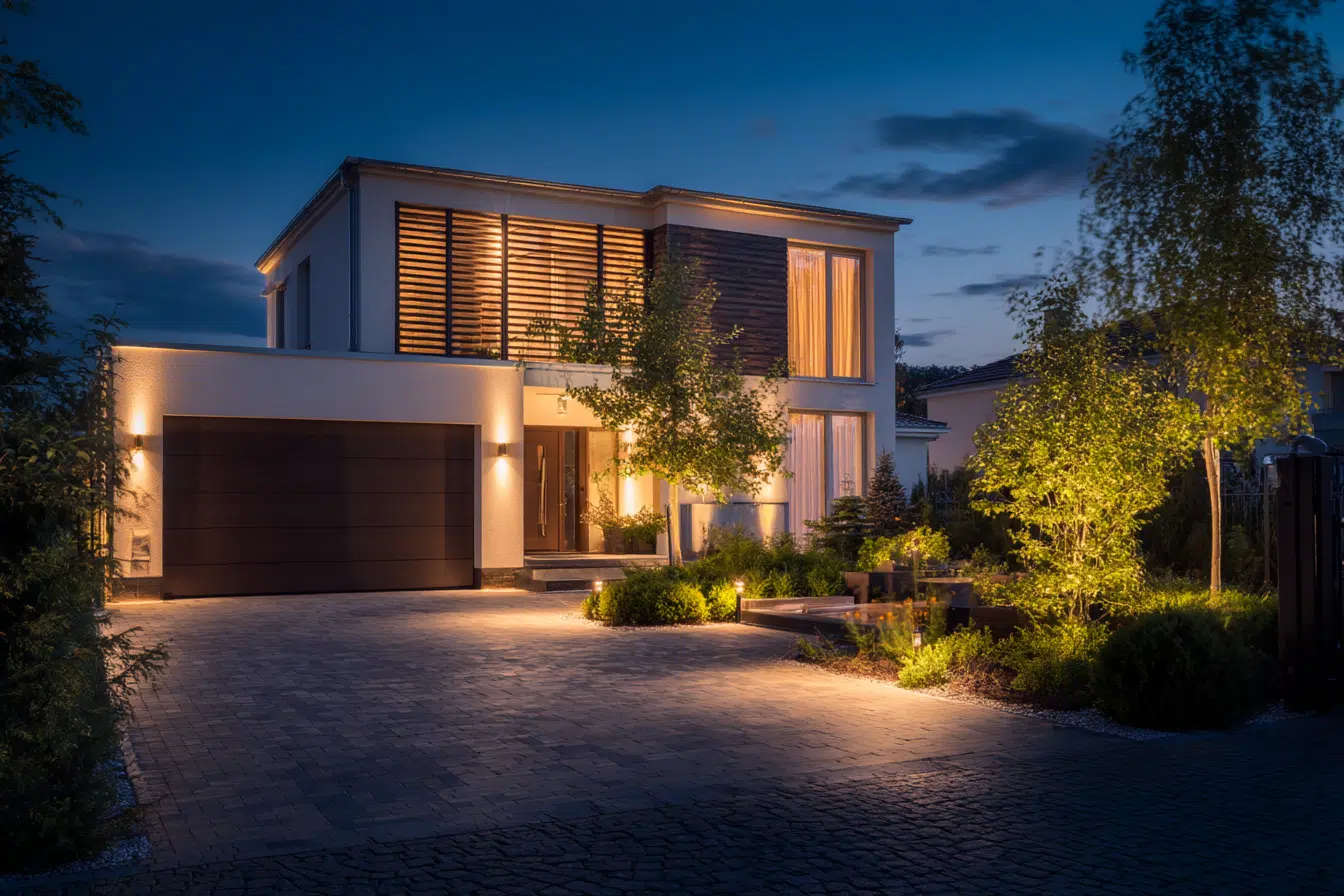 Façade de maison moderne au crépuscule avec éclairage extérieur intelligent activé, qui crée une ambiance accueillante et sécurisée.