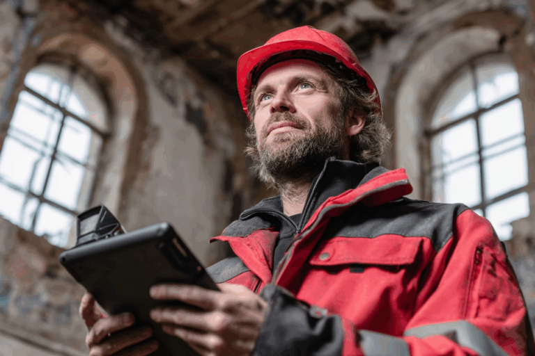 Portrait d’un auditeur énergétique équipé d’un casque, d’une tablette et d’un télémètre laser, en train d’inspecter un bâtiment ancien délabré.