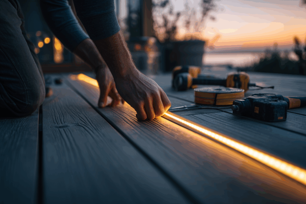 Une personne en plein travail, concentrée, fixant soigneusement un ruban LED déjà allumé sur le rebord d’une terrasse.