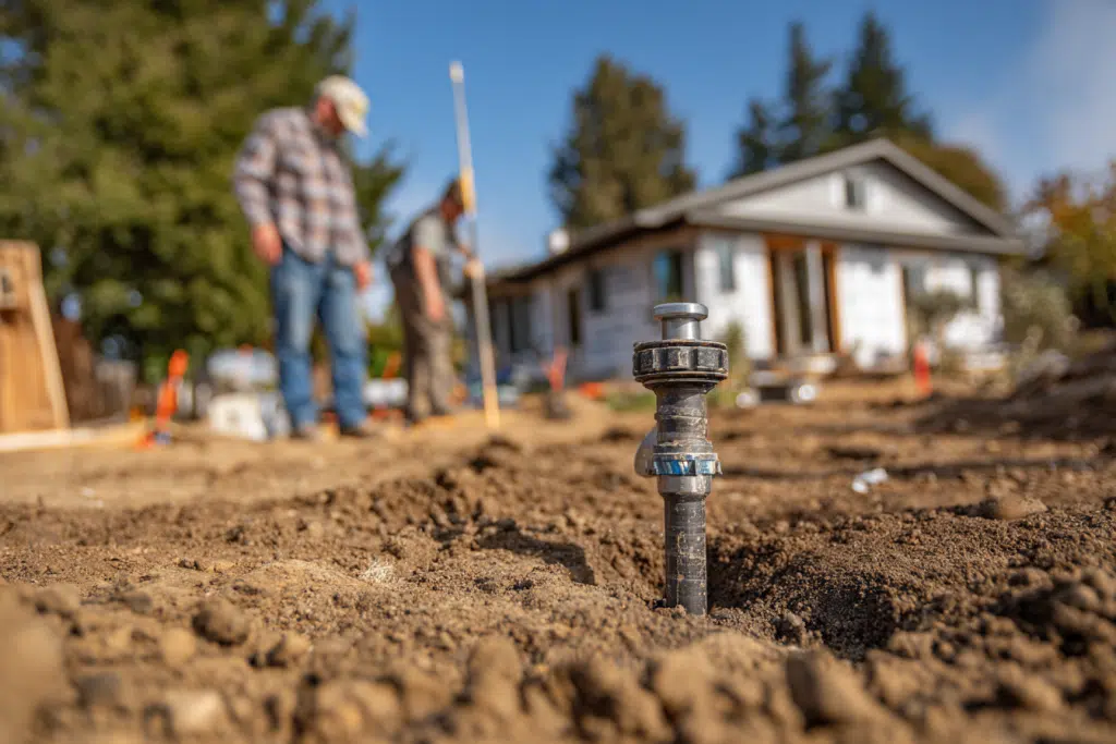 Étude de sol sur terrain constructible avec carottage en cours, technicien au travail et propriétaire à proximité.