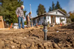 Étude de sol sur terrain constructible avec carottage en cours, technicien au travail et propriétaire à proximité.