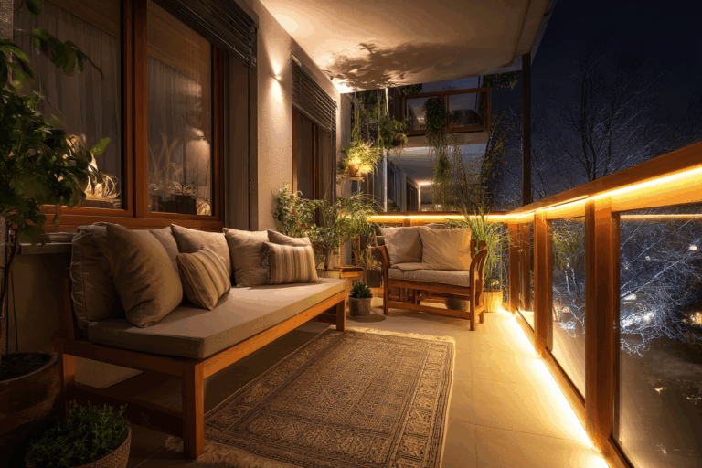 Un balcon de nuit joliment aménagé, baigné d’une lumière douce émise par des rubans LED blancs chauds.