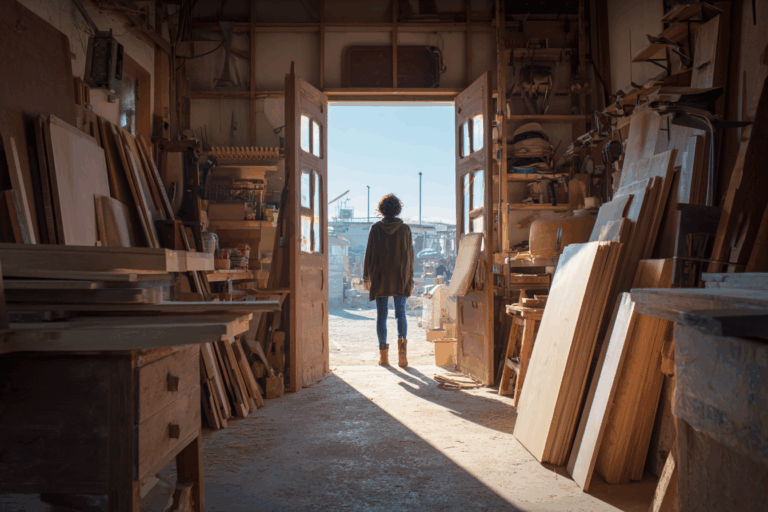 Une femme entre dans un atelier de menuiserie, admirant le savoir-faire artisanal dans un espace lumineux rempli d’outils et de bois.