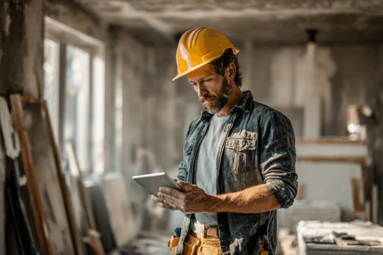 Artisan plaquiste sur chantier en train de consulter une tablette, illustrant le lien entre travail terrain et choix d’assurance professionnelle.