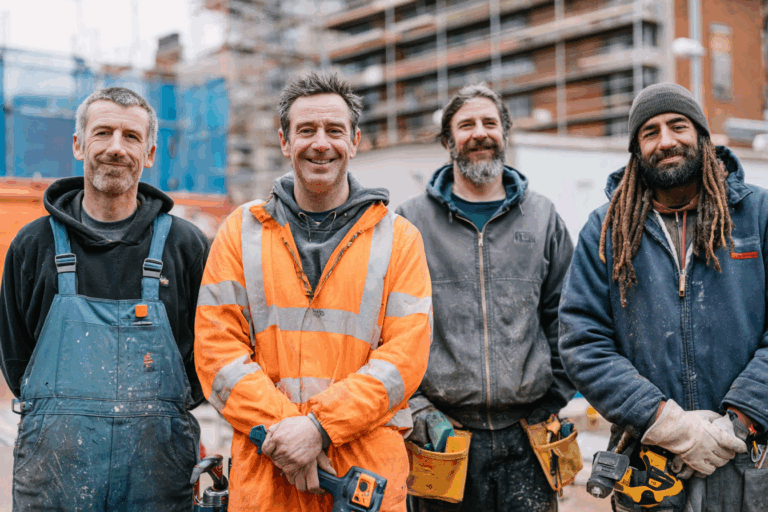 Quatre artisans posant fièrement devant un chantier de rénovation, chacun représentant un métier du bâtiment : plomberie, électricité, peinture et maçonnerie.