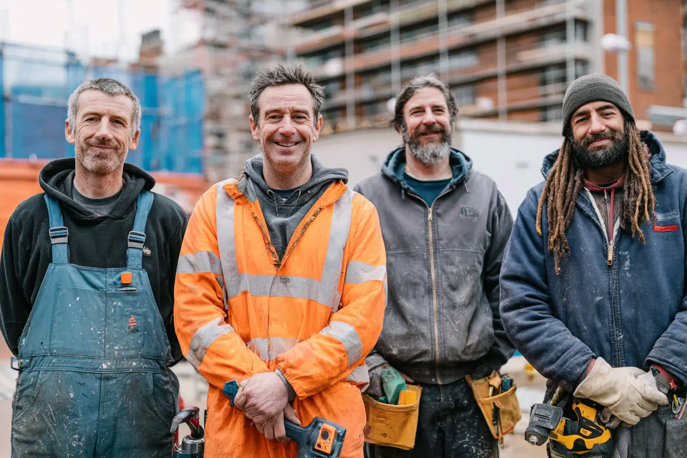 Quatre artisans posant fièrement devant un chantier de rénovation, chacun représentant un métier du bâtiment : plomberie, électricité, peinture et maçonnerie.