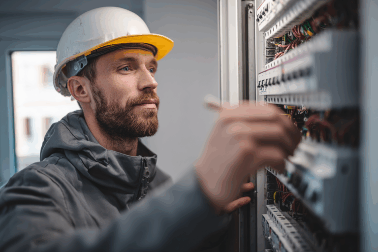 Technicien électricien vérifiant un tableau électrique dans une maison moderne, illustrant l’importance de la fiabilité du fournisseur.