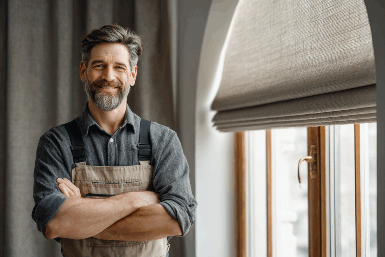 Artisan souriant devant une fenêtre arrondie équipée d’un store sur mesure, illustrant un travail soigné et personnalisé.