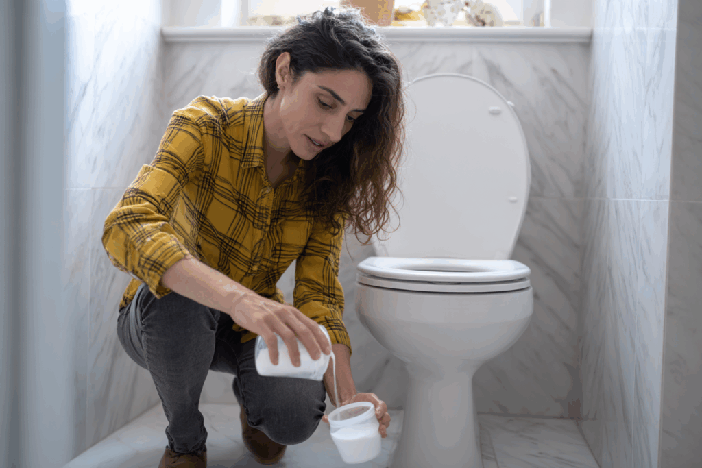 Femme versant du bicarbonate de soude dans des toilettes bouchées, méthode naturelle de débouchage dans une salle de bain moderne.