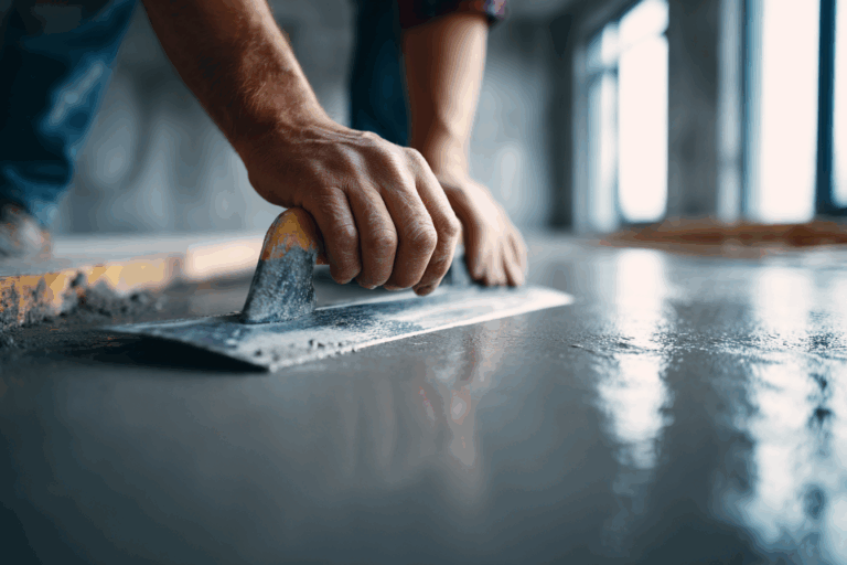 Artisan en train de lisser une chape avec une lisseuse aluminium pour obtenir un sol parfaitement lisse sur un chantier.