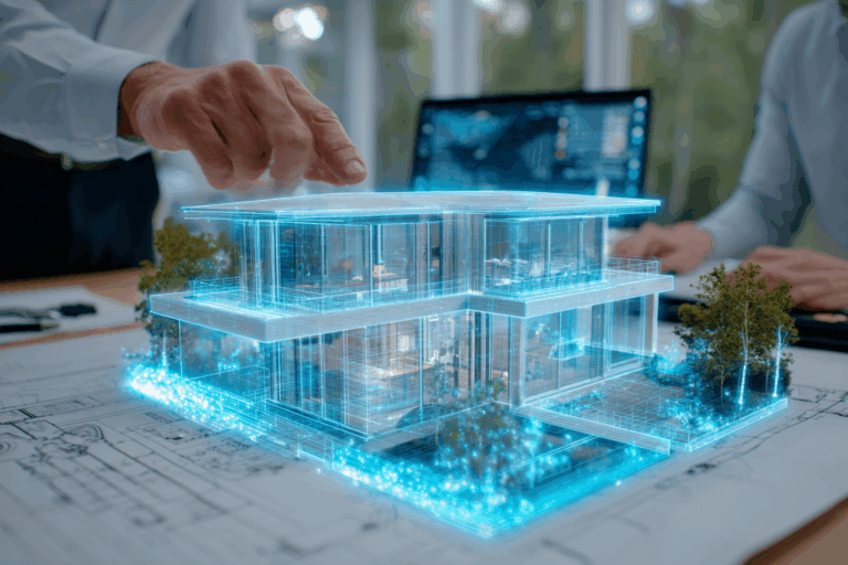 Architecte montrant des plans de menuiseries modernes avec hologramme de maison à un couple dans un bureau design.
