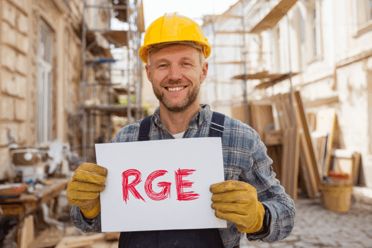 Artisan RGE souriant devant un chantier de rénovation, tenant une feuille marquée “RGE”, maison en arrière-plan.