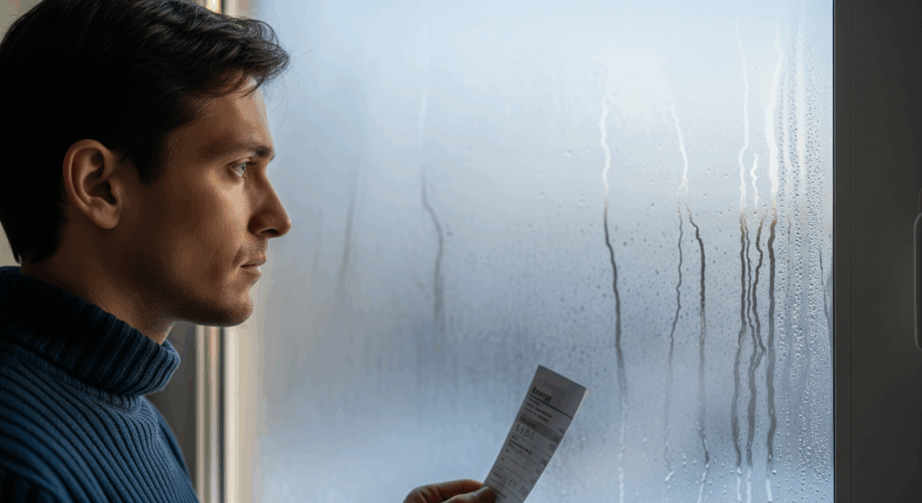Un homme qui regarde sa facture d'énergie et essaye de faire le lien avec la buée sur sa vitre de fenêtre