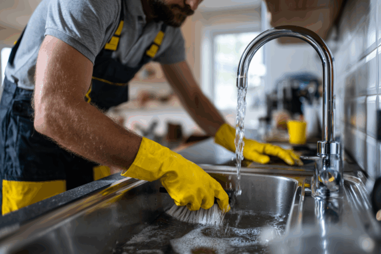 Plombier en gants utilise une ventouse sur un évier de cuisine bouché, scène réaliste en pleine action.