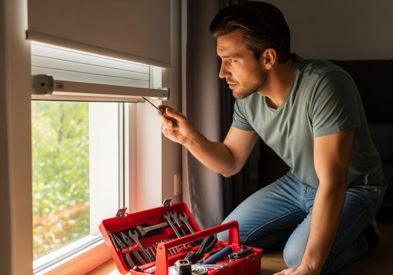 Particulier inspectant un volet roulant avec un tournevis et une boîte à outils ouverte à ses côtés.