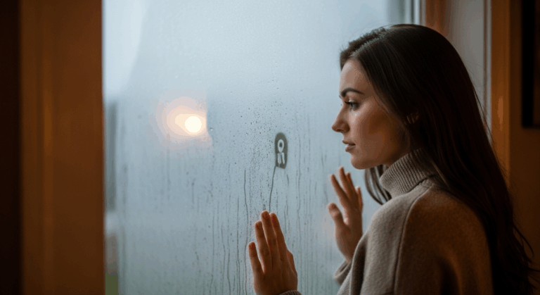 Une femme regarder la buée sur sa vitre de fenêtre