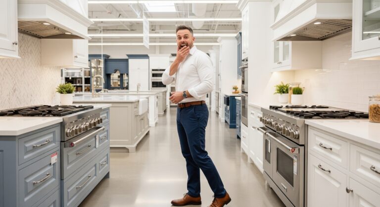 Un cuisiniste montrant des cuisines démodées, mais hors prix dans un rayon d'un magasin