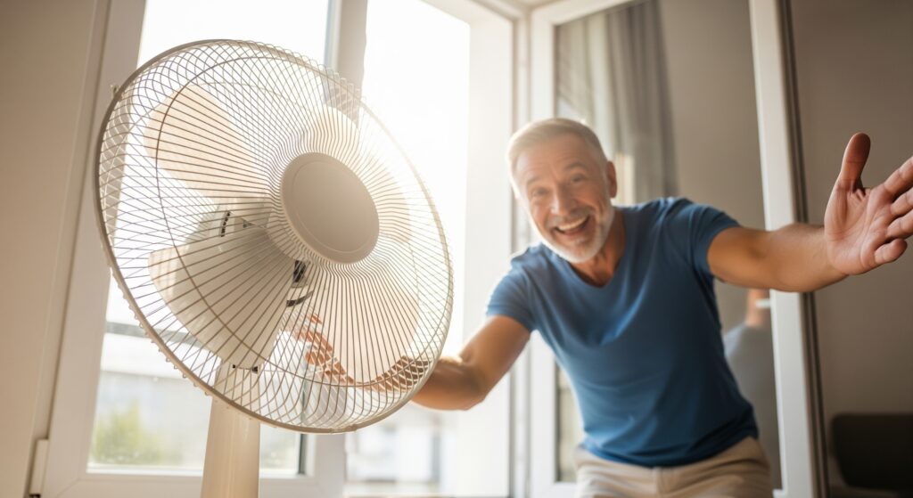 Un homme content devant un ventilateur