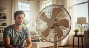 Un homme devant un ventilateur qui ne semble pas produire la fraîcheur attendue