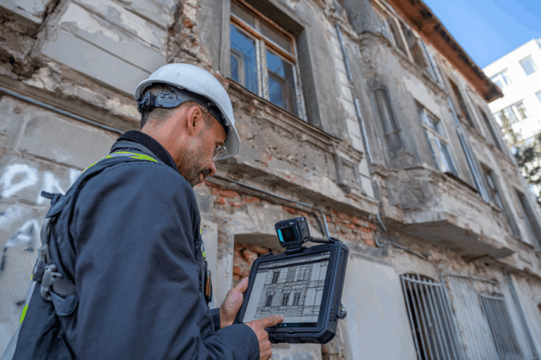 Technicien scannant la façade d’une maison ancienne avec un scanner 3D, affichant sur tablette un modèle numérique précis des fenêtres.