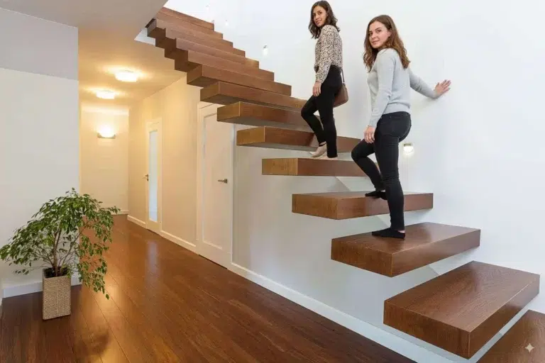 Deux femmes montant un escalier flottant, interdit en France depuis 2024