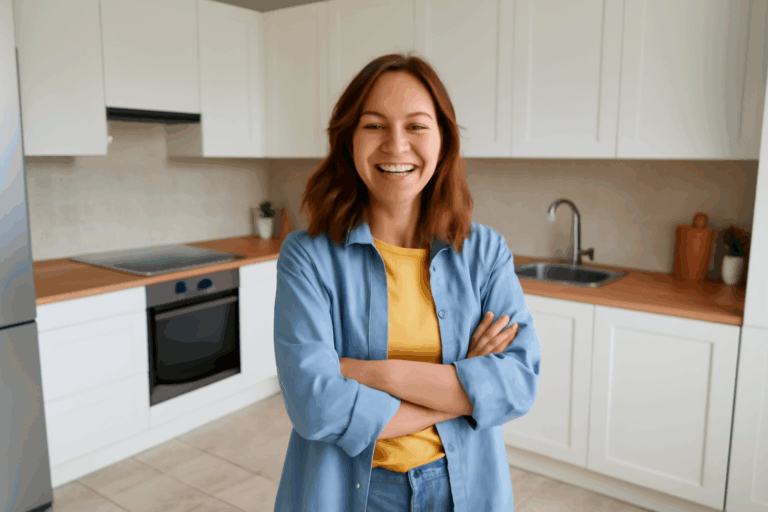 Femme souriante dans sa nouvelle cuisine rénovée, heureuse d'avoir fait des économies grâce à un carrelage abordable et élégant.