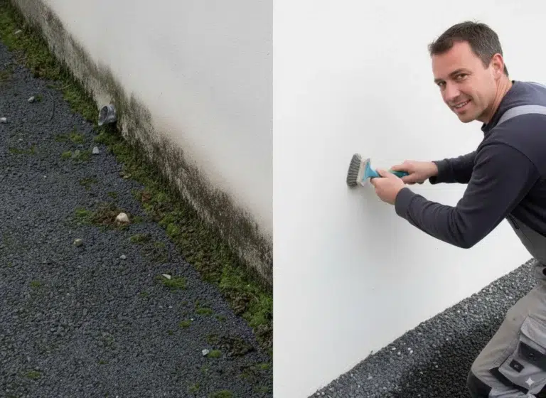 Un homme nettoyer un crépi noirci et démontrer l'efficacité de 3 méthodes redoutables