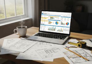 Bureau moderne avec ordinateur, café et documents de budget, représentant la préparation d’un projet de rénovation réaliste.