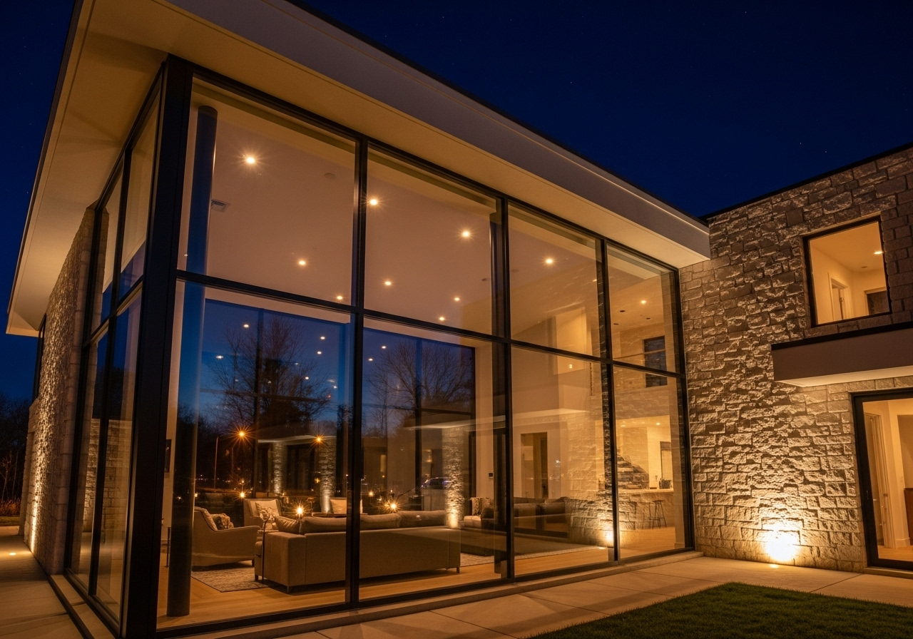 Maison d’architecte moderne de nuit avec de grandes baies vitrées et un éclairage intérieur doré, illustrant des solutions fenêtres pour une maison moderne élégante et chaleureuse.