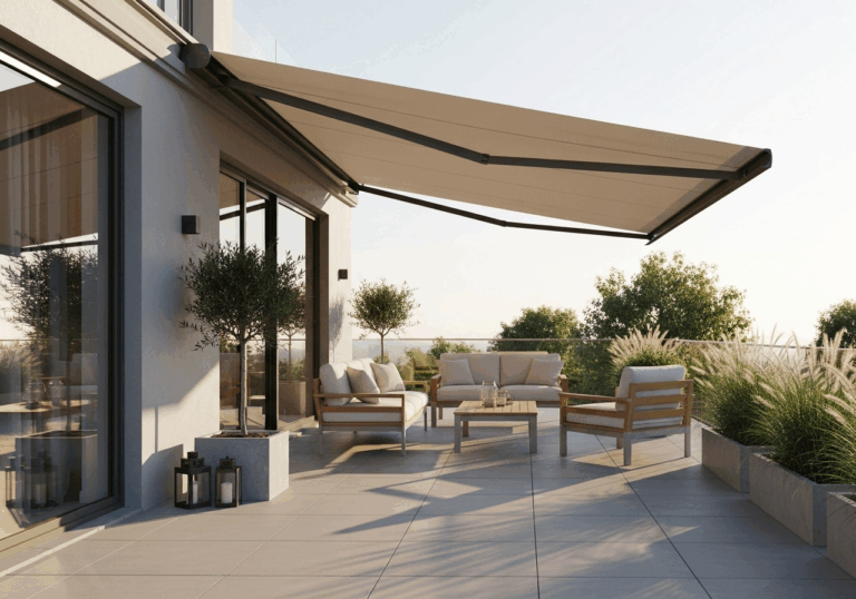 Terrasse moderne baignée de lumière dorée avec store banne électrique ouvert et salon d’extérieur en teck dans une ambiance estivale élégante.