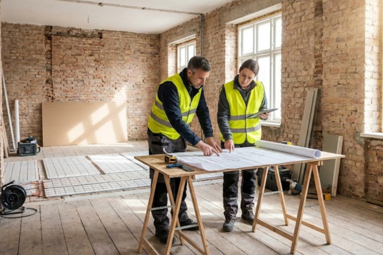 Professionnel étudiant le plan de rénovation de plancher sec