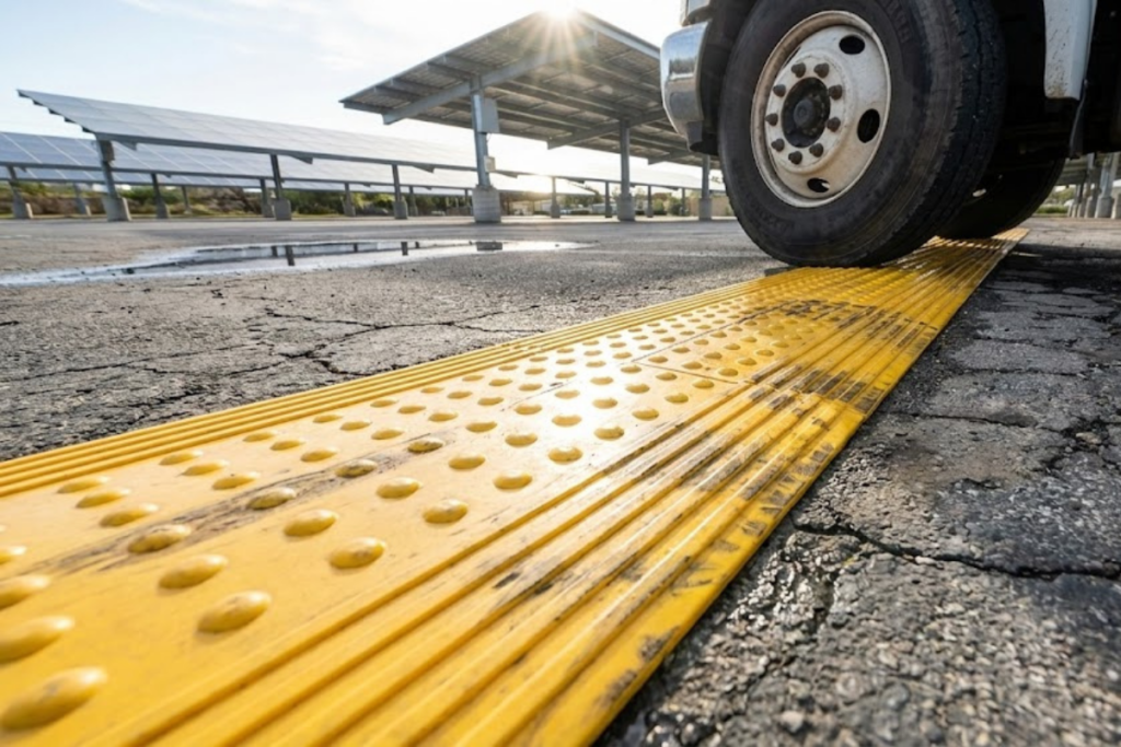 La bande de guidage PMR adaptée à l'extérieur. Elle doit être robuste face aux intempéries.
