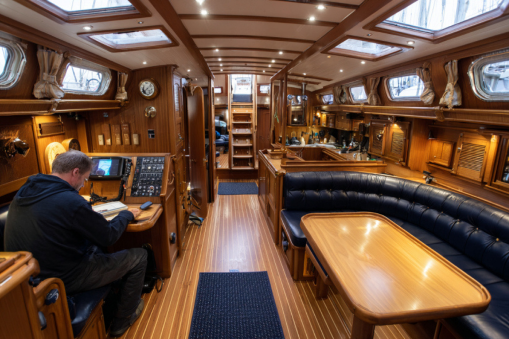 Inspection de l'intérieur du bateau