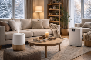 Humidificateur et purificateur d’air dans un salon moderne pour améliorer la qualité de l’air intérieur en hiver